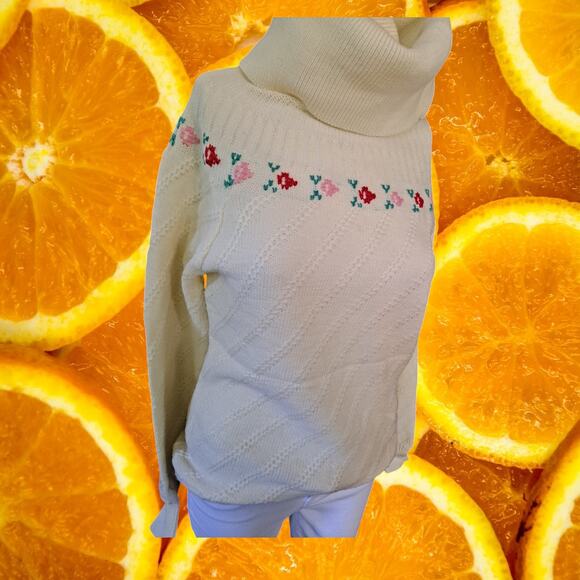 Vintage Skiva Faux Turtle Neck White and Flower Design Sweater Size M‎ - Picture 4 of 8